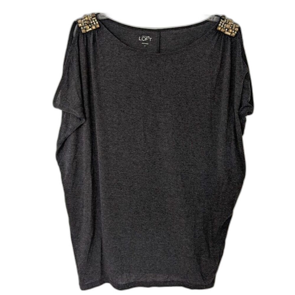 LOFT Dark Gray Jeweled Shoulder Dolman Sleeve Top Size Small